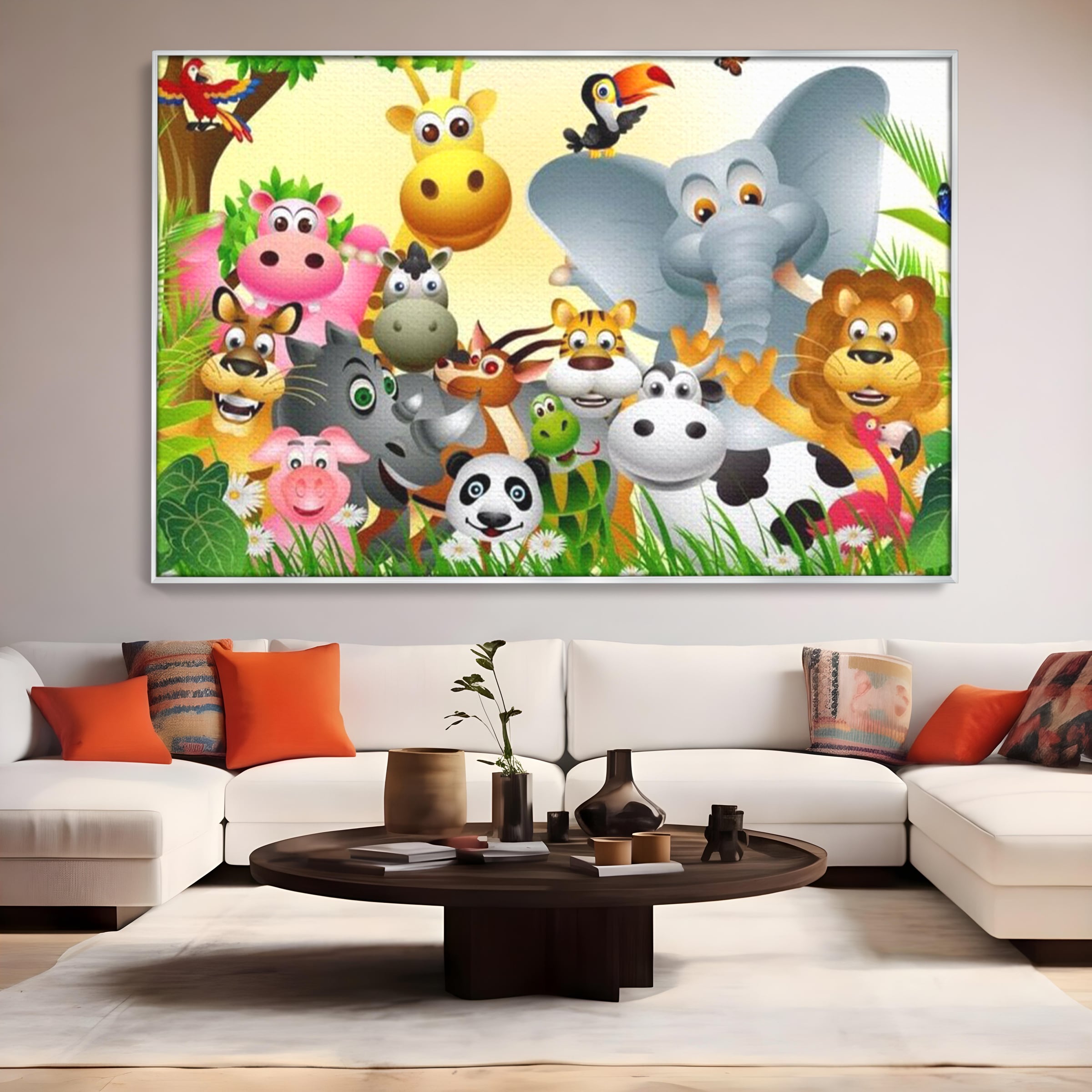 Tablou canvas cu tablou canvas cu animale din jungla, in rama de aluminiu argintiu, pe perete intr-un living